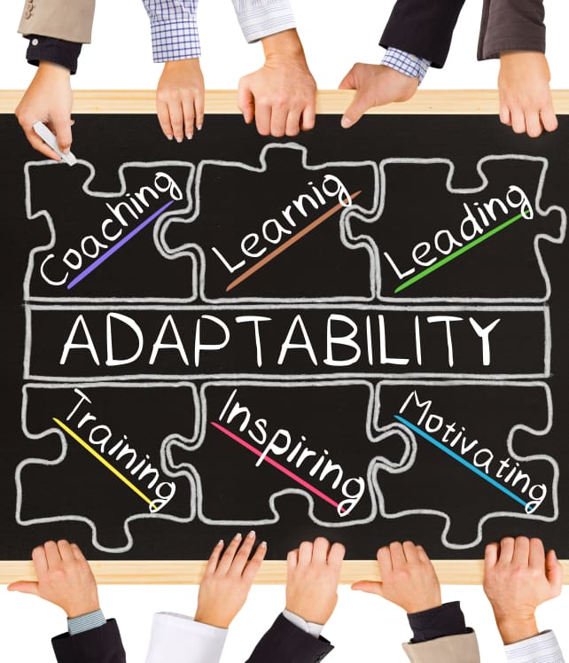 Photo of business hands holding blackboard and writing ADAPTABILITY diagram